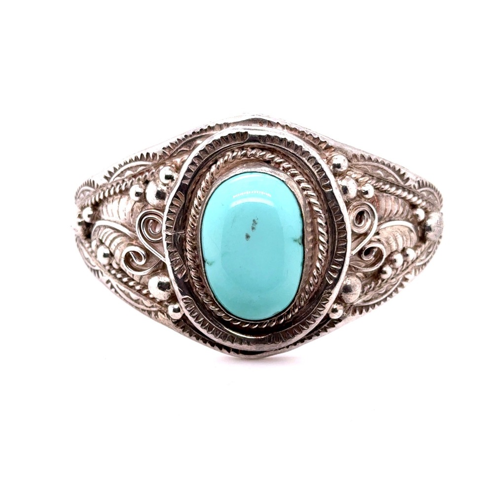 Vintage Sterling Silver Turquoise Cuff Bracelet Ornate Handcrafted Hallmark F
